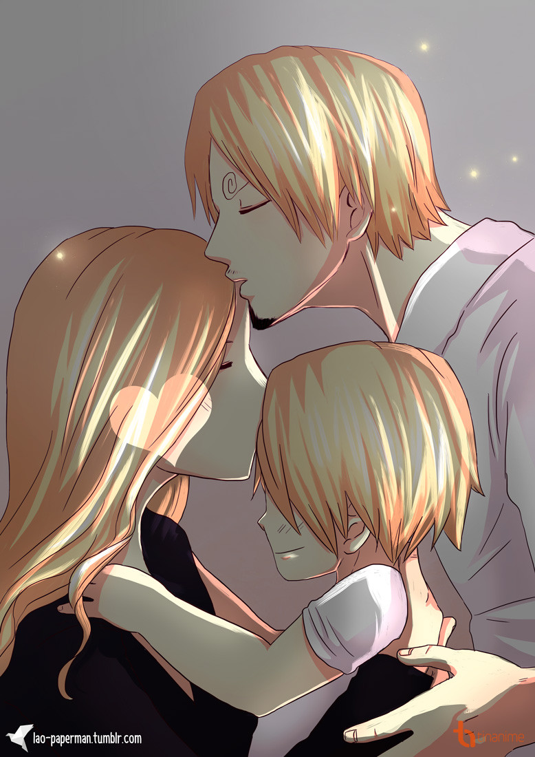 1girl 2boys artist_name blonde_hair dual_persona closed_eyes kissing_forehead goatee heart kiss leo-paperman mother_and_son multiple_boys one_piece sanji_(one_piece) smile vinsmoke_family vinsmoke_sora white_shirt