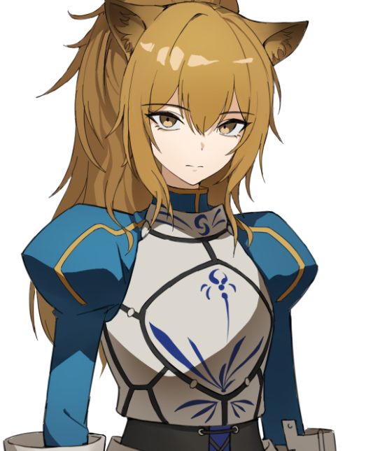 1girl animal_ears arknights armor armored_dress artoria_pendragon_(fate) brown_eyes brown_hair dress expressionless fate/stay_night fate_(series) gauntlets hair_between_eyes high_ponytail jason_kim kawasumi_ayako lion_ears lion_girl ponytail saber_(fate) siege_(arknights) voice_actor_connection white_background