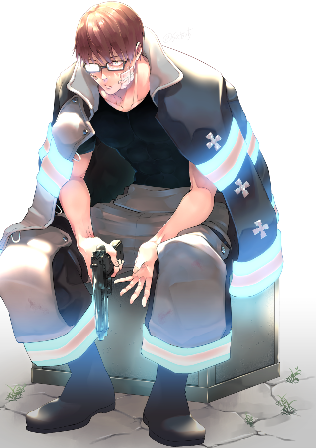 1boy bandage_on_face bandages bandaid beretta_92 black_shirt brown_hair cross en&#039;en_no_shouboutai expressionless fire_pants firefighter firefighter_jacket glasses glowing gun handgun high-visibility_clothing high-visibility_jacket high-visibility_pants high_visibility_jacket high_visibility_pants holding holding_gun holding_weapon jacket jacket_on_shoulders leaning_forward looking_ahead male_focus sat-tsu shirt short_hair sig_p220/p226 sitting solo stone_floor straight_hair takehisa_hinawa toned toned_male weapon white_background