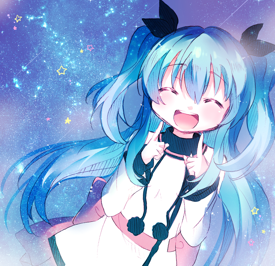 1girl black_ribbon blush closed_eyes dress facing_viewer hair_between_eyes index_finger_raised long_hair noel_(sora_no_method) open_mouth ribbon sky solo sora_no_method star_(sky) star_(symbol) starry_sky tarabagani twintails very_long_hair white_dress