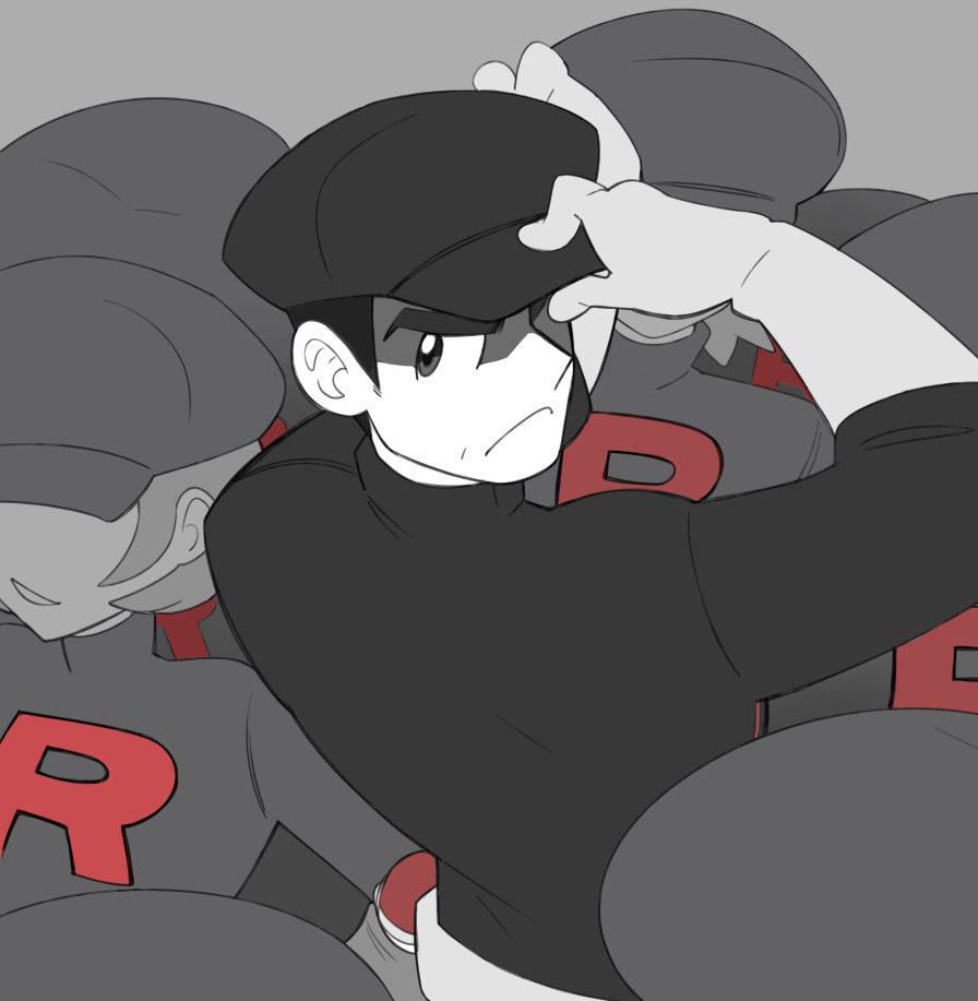belt black_hair black_headwear cosplay faceless faceless_female faceless_male gloves grey_background hand_on_headwear looker_(pokemon) looking_back male_focus nintendo poke_ball poke_ball_(basic) pokemon pokemon_dppt short_hair team_rocket team_rocket_grunt team_rocket_grunt_(cosplay) team_rocket_uniform upper_body vergolophus white_gloves