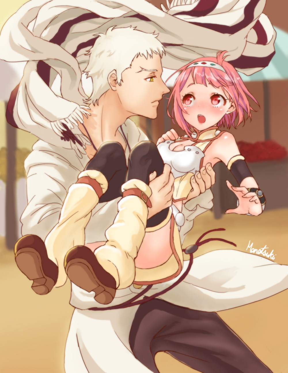 1boy 1girl armband blush breasts brown_footwear carrying charioce_xvii cleavage hairband highres monotsuki nina_dragnot open_mouth pink_eyes pink_hair princess_carry scarf shingeki_no_bahamut shingeki_no_bahamut:_virgin_soul short_hair thighhighs thighs white_hair yellow_eyes