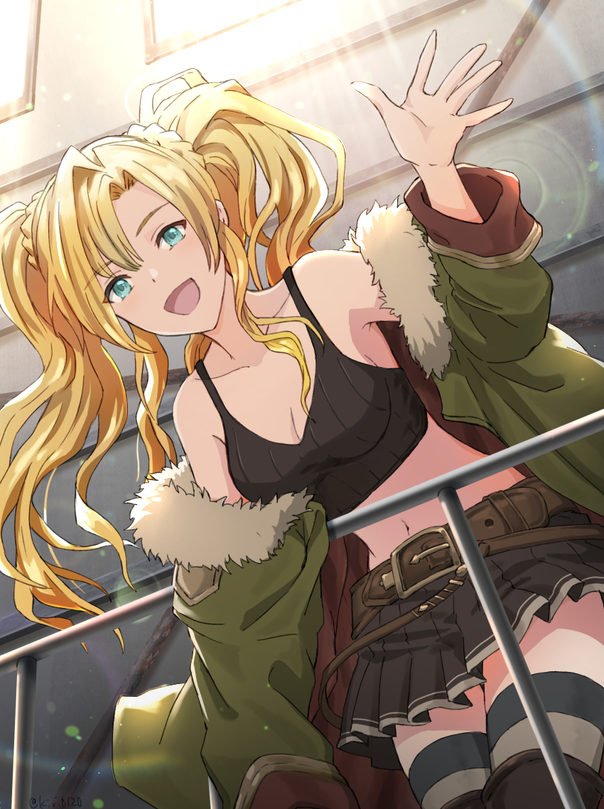 1girl bare_shoulders belt blonde_hair blue_eyes breasts crop_top fur_trim granblue_fantasy jacket long_hair looking_at_viewer mint_(kiri0120) navel skirt solo striped_clothes striped_thighhighs tank_top thighhighs twintails waving zeta_(dark)_(granblue_fantasy) zeta_(granblue_fantasy)