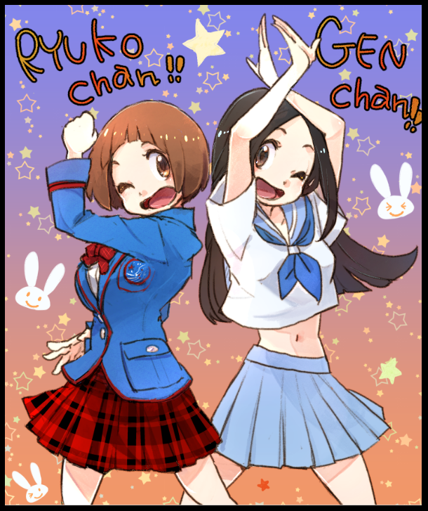 2girls ;) arms_up black_hair blazer border brown_hair cosplay costume_switch creator_connection crossover dai_(mebae16) jacket joujima_yuuki kamen_rider kamen_rider_fourze_(series) kill_la_kill long_hair mankanshoku_mako midriff multiple_girls navel one_eye_closed plaid_clothes plaid_skirt pleated_skirt school_uniform serafuku short_hair skirt smile trait_connection wink