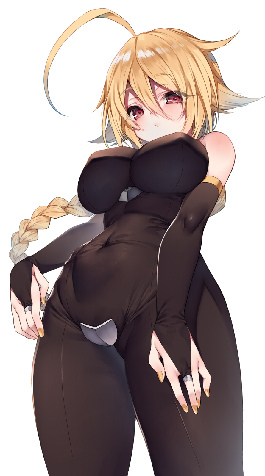 1girl ahoge bare_shoulders blazblue blonde_hair blue_eyes blush bodysuit braid breasts bridal_gauntlets brown_bodysuit brown_gloves covered_navel cowboy_shot crotch_plate elbow_gloves female_focus from_below gloves hair_between_eyes highres hime_gyo huge_ahoge lambda-11 large_breasts long_hair looking_at_viewer nail_polish simple_background single_braid solo white_background yellow_nails