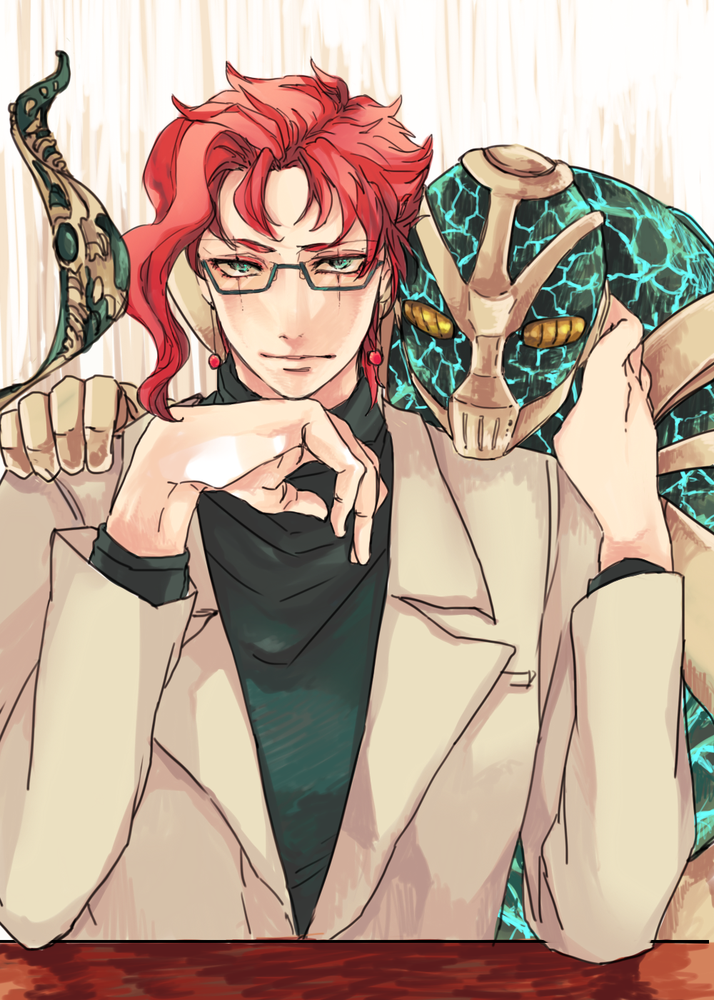 1boy earrings goro_nyanko green_eyes highres jewelry jojo_no_kimyou_na_bouken kakyoin_noriaki male_focus red_hair scar scar_across_eye scar_on_face solo