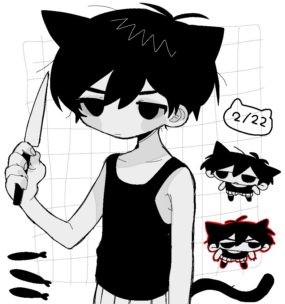1boy animal_ears black_eyes black_hair black_tank_top cat_boy cat_ears cat_tail chibi closed_mouth collarbone colored_skin expressionless kemonomimi_mode kobanzame_omo looking_at_viewer omori omori_(omori) short_hair solo tail tank_top white_skin