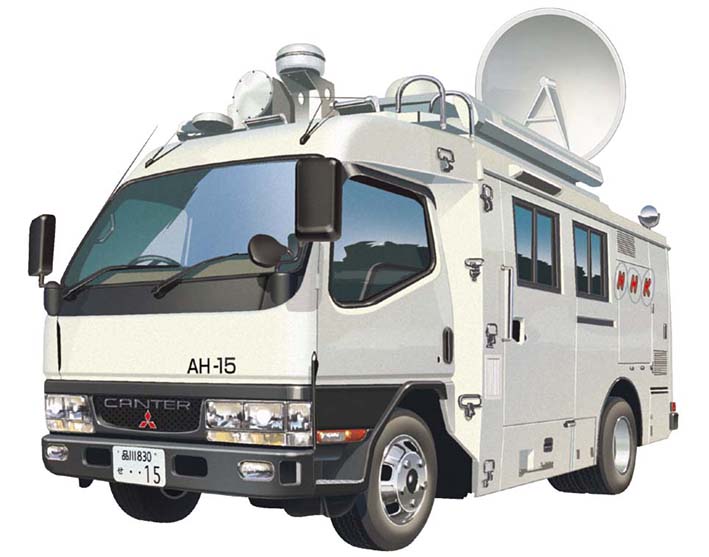 commentary license_plate mitsubishi_motors motor_vehicle nhk_(broadcaster) no_humans satellite_dish side-view_mirror simple_background solo traditional_media truck vehicle_focus wada_takayoshi white_background