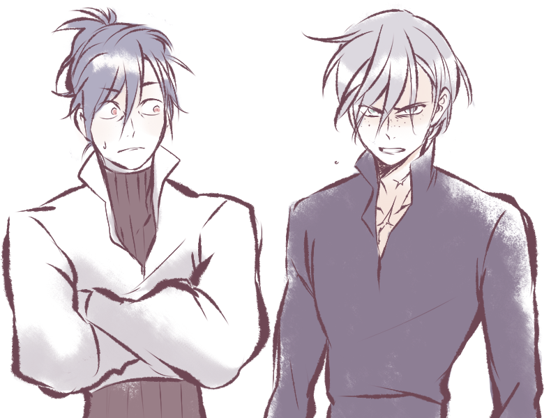 angry ashe_ubert black_shirt blue_hair clenched_teeth closed_mouth collared_shirt commentary cosu_(guessibetter) cropped_jacket crossed_arms english_commentary felix_hugo_fraldarius fire_emblem fire_emblem:_three_houses frown green_eyes grey_hair hair_behind_ear hair_between_eyes jacket long_sleeves looking_ahead looking_at_another nervous_sweating nintendo open_collar orange_eyes popped_collar scar scar_on_chest shirt side-by-side simple_background small_sweatdrop sweat teeth turtleneck v-shaped_eyebrows white_background white_jacket