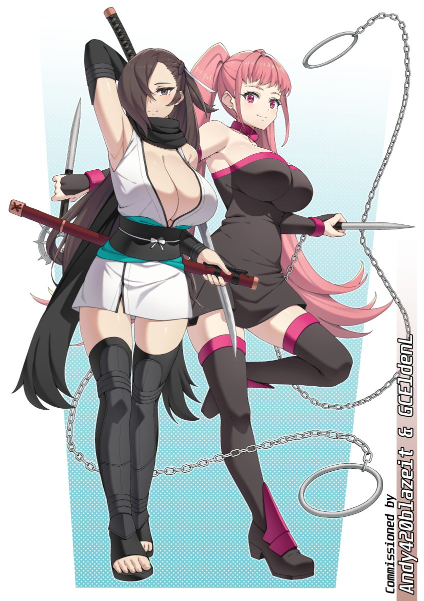 2girls alternate_costume arm_up armpits bare_shoulders black_dress black_hair black_sash black_scarf black_thighhighs breasts brown_eyes chain cleavage collar commentary cosplay dress fate/grand_order fate_(series) fire_emblem fire_emblem:_three_houses fire_emblem_fates highres hilda_valentine_goneril japanese_clothes kagero_(fire_emblem) katana kimono large_breasts long_hair looking_at_viewer medusa_(fate) medusa_(rider)_(fate) medusa_(rider)_(fate)_(cosplay) multiple_girls mzrz nintendo obi okita_souji_(fate) okita_souji_(koha-ace) okita_souji_(koha-ace)_(cosplay) pink_collar pink_eyes pink_hair sash scabbard scarf sheath short_dress short_kimono sleeveless sleeveless_kimono smile strapless strapless_dress sword thighhighs toeless_footwear tube_dress twintails very_long_hair weapon white_kimono