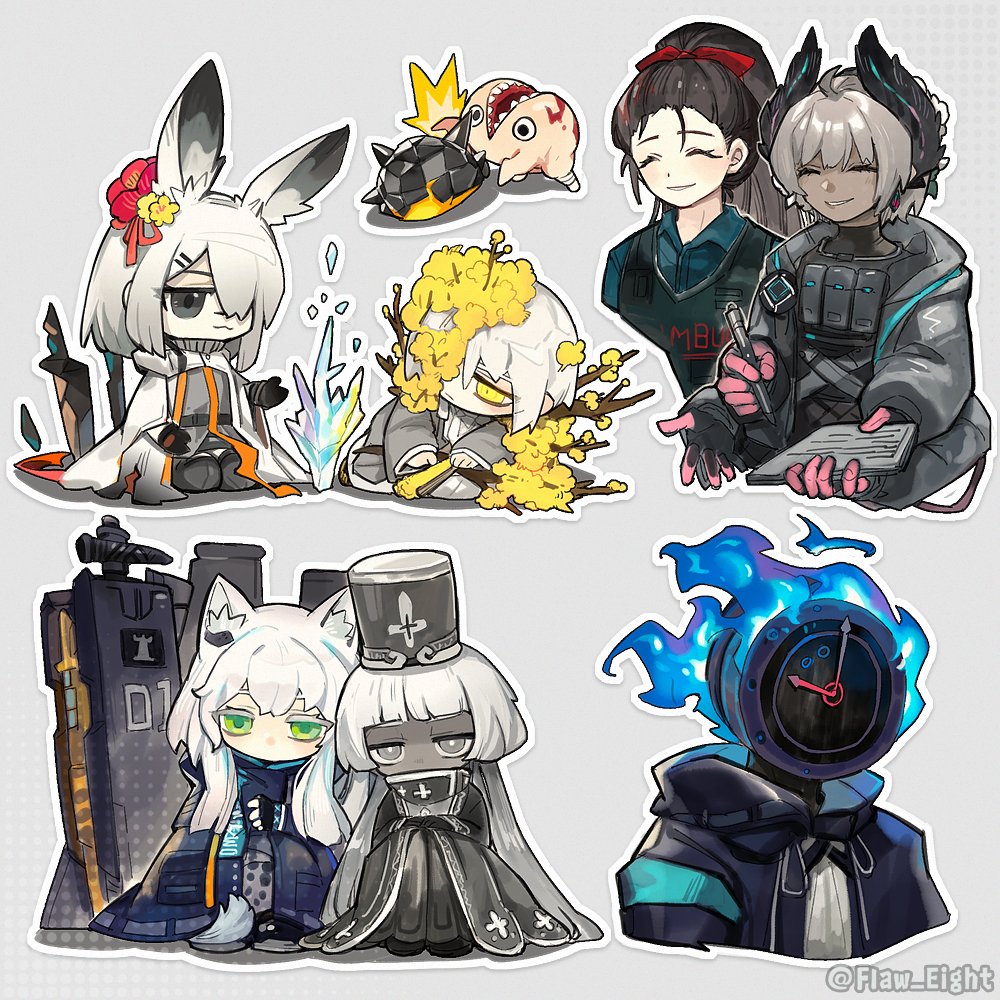 1other 6+girls arknights branch charon_(project_moon) closed_eyes closed_mouth colored_skin dante_(limbus_company) doctor_(arknights) dress e.g.o_(project_moon) extra_arms flaming_head flaw_eight flower frostnova_(arknights) fusion gloves green_eyes grey_dress grey_eyes grey_hat grey_skin hat head_wings limbus_company long_hair low_twintails multiple_girls object_head open_mouth originium_slug_(arknights) parted_lips pink_gloves plant_wings project_moon raidian_(arknights) rosmontis_(arknights) saude_(project_moon) shako_cap simple_background smile spicebush_(e.g.o) twintails very_long_hair white_background white_hair wings yellow_flower
