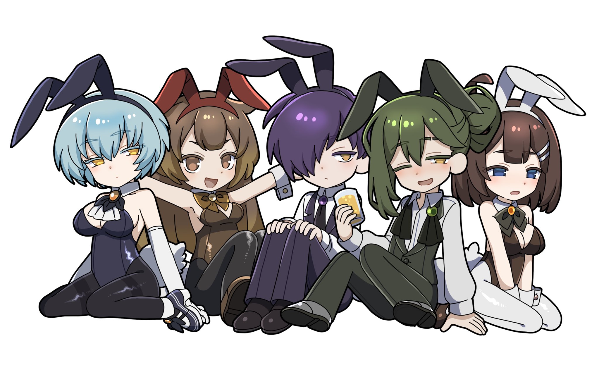 2boys 3girls :d ;d angela_(project_moon) arms_up ascot bare_arms black_pantyhose blue_eyes blue_hair bow bowtie breasts brown_eyes brown_hair cleavage collared_shirt dress_shirt drink formal_clothes green_pants green_vest hair_bun hair_ornament hair_over_one_eye hairclip highres hod_(project_moon) holding holding_drink knees_together_feet_apart knees_up lapels leotard library_of_ruina long_hair long_sleeves looking_at_viewer male_playboy_bunny malkuth_(project_moon) multiple_boys multiple_girls necktie netzach_(project_moon) one_eye_closed open_mouth pants pantyhose playboy_bunny project_moon purple_pants purple_vest shirt shoes short_hair sitting smile suit undone_ascot very_long_hair vest wariza white_pantyhose white_shirt yagidon yellow_eyes yesod_(project_moon)