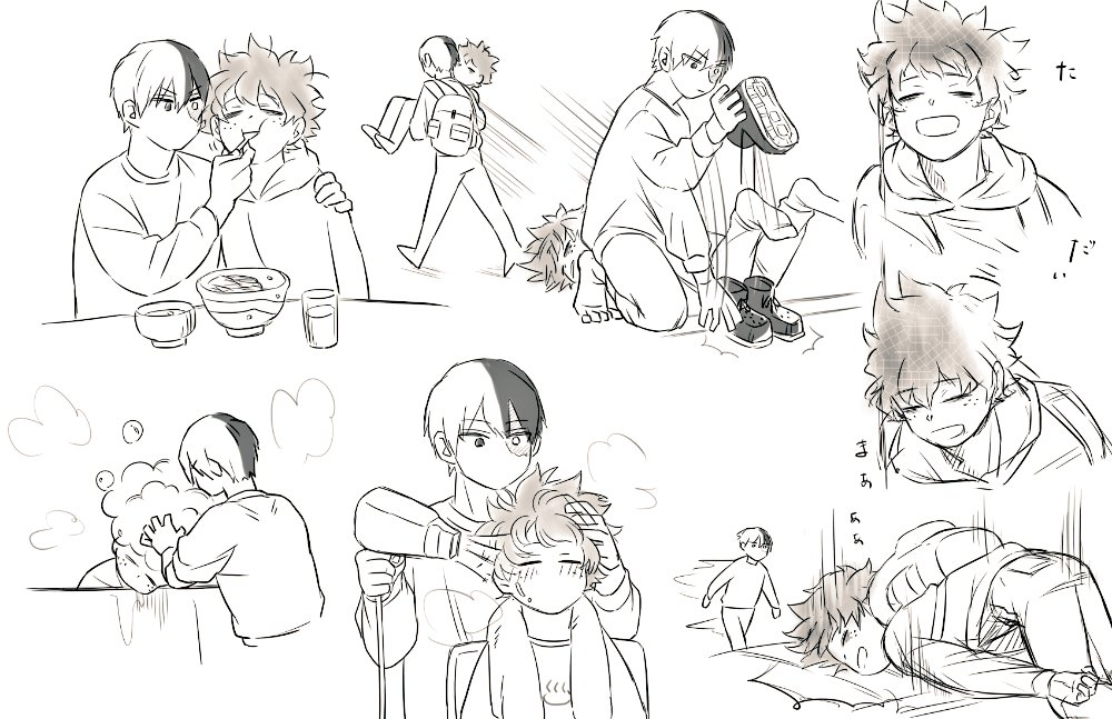 2boys backpack bag bath bathing bathtub betsu_aka2 boku_no_hero_academia bones_(company) carrying carrying_person curly_hair drying drying_hair eating freckles katsudon_(food) messy_hair midoriya_izuku multicolored_hair multiple_boys pantes short_hair shounen_jump sleeping sleepy socks taking_care taking_off_shoes tired_eyes tododeku todoroki_shouto towel traditional_media two-tone_hair yaoi