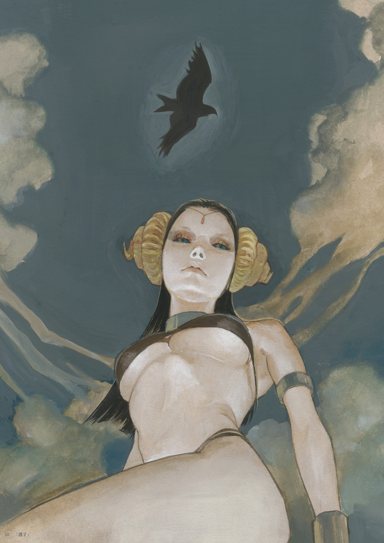 1girl armlet bare_legs bikini bird black_hair black_sclera blue_eyes breasts circlet cloud cloudy_sky colored_sclera curled_horns demon_girl expressionless from_below horns jewelry leg_lift lips looking_at_viewer midriff nose original outdoors realistic silhouette sky swimsuit underboob yuu_(mol)