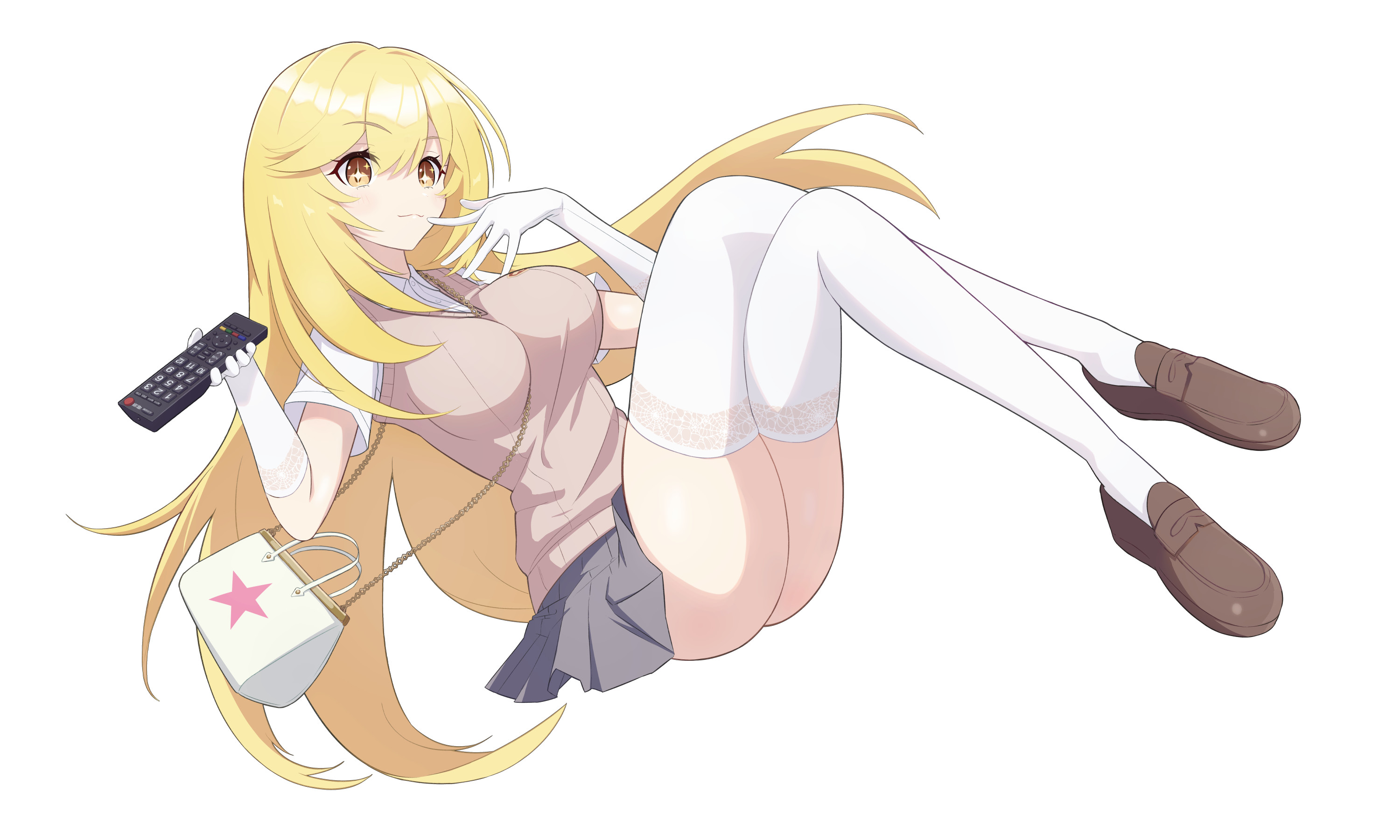 1girl ass bag blonde_hair breasts brown_shoes brown_sweater_vest chain chain_between_breasts collared_shirt commentary_request controller elbow_gloves finger_to_mouth full_body gloves grey_skirt handbag highres holding holding_remote_control large_breasts loafers long_hair looking_at_viewer makolas97 miniskirt pleated_skirt remote_control school_emblem school_uniform shirt shoes shokuhou_misaki short_sleeves skirt smile solo sparkling_eyes spider_web_print star_(symbol) star_print summer_uniform sweater_vest thighhighs toaru_kagaku_no_mental_out toaru_kagaku_no_railgun toaru_majutsu_no_index tokiwadai_school_uniform v-neck white_background white_gloves white_shirt white_thighhighs yellow_eyes