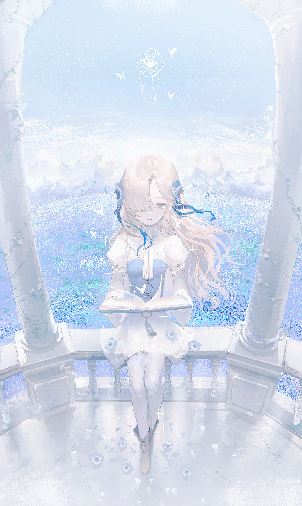 1girl blue_hair book commentary_request dress expressionless flower full_body gazebo grey_eyes hair_flower hair_ornament hair_over_one_eye highres isekaijoucho kamitsubaki_studio long_hair multicolored_hair pantyhose sitting sky solo two-tone_hair virtual_youtuber white_dress white_hair white_pantyhose yur1ca