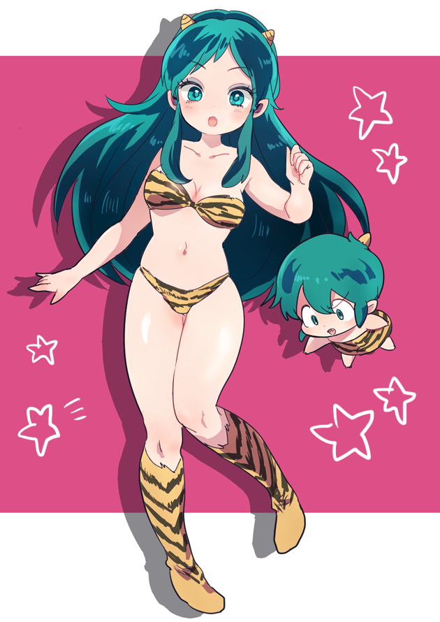 1boy 1girl 50yen_(gojiue) :o animal_print bikini boots fang green_eyes green_hair horns lum open_mouth pink_background star_(symbol) swimsuit ten_(urusei_yatsura) tiger_print urusei_yatsura