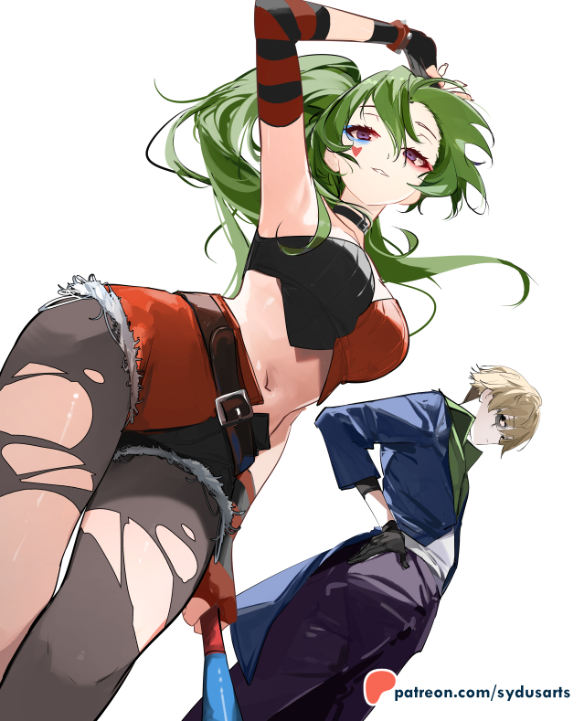 1boy 1girl alternate_costume arm_up armpits belt black_belt black_choker black_gloves black_pants black_pantyhose black_shorts black_tube_top blonde_hair blue_eyeshadow breasts choker colored_skin commentary cosplay dc_comics dutch_angle eyeshadow facial_mark gloves green_hair hand_on_own_hip harley_quinn harley_quinn_(cosplay) heart heart_facial_mark jacket joker_(dc)_(cosplay) land_(sousou_no_frieren) large_breasts long_hair looking_at_viewer makeup midriff navel pants pantyhose patreon_username purple_eyes purple_jacket red_eyeshadow red_shorts red_tube_top short_hair shorts side_ponytail sideways_glance simple_background sousou_no_frieren split-color_clothes stomach strapless sydus the_joker torn_clothes torn_pantyhose tube_top ubel_(sousou_no_frieren) watermark web_address white_background white_skin