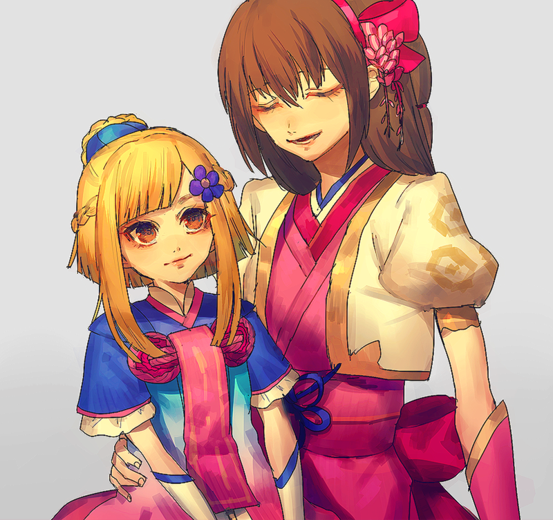 blonde_hair brown_eyes brown_hair chacha closed_eyes hair_ornament hairband hug japanese_clothes kimono lips long_bangs looking_up mother_and_daughter oichi oichi_(sengoku_musou) ponytail sengoku_musou