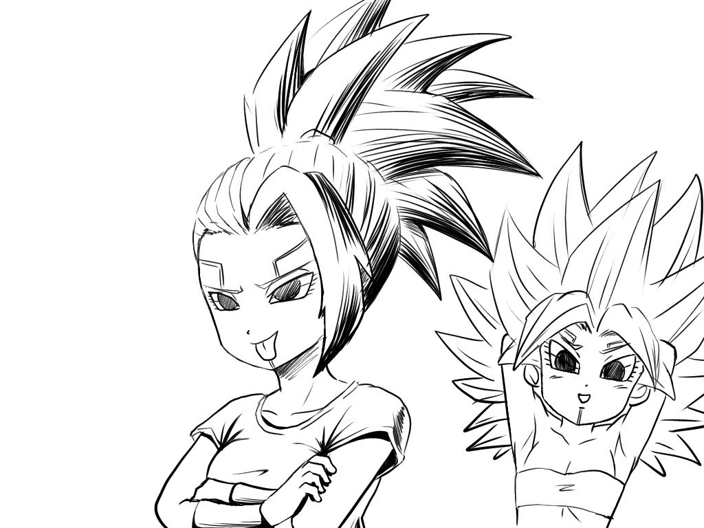 2girls alternate_hair_color breasts caulifla dragon_ball dragon_ball_heroes dragon_ball_super kakoi_66 kale_(dragon_ball) kamin_(dragon_ball) large_breasts monochrome multiple_girls oren_(dragon_ball) possessed possession smile tongue tongue_out