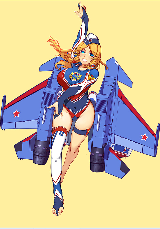 aerobics aircraft airplane athletic_leotard barefoot blonde_hair blue_eyes breasts cleavage gloves gym_uniform hat jet large_breasts leotard long_hair long_legs mecha_musume military military_hat military_uniform open_mouth original skin_tight su-27 tags: thigh_strap thighs unworn_legwear weapon yellow_background z.s.w.