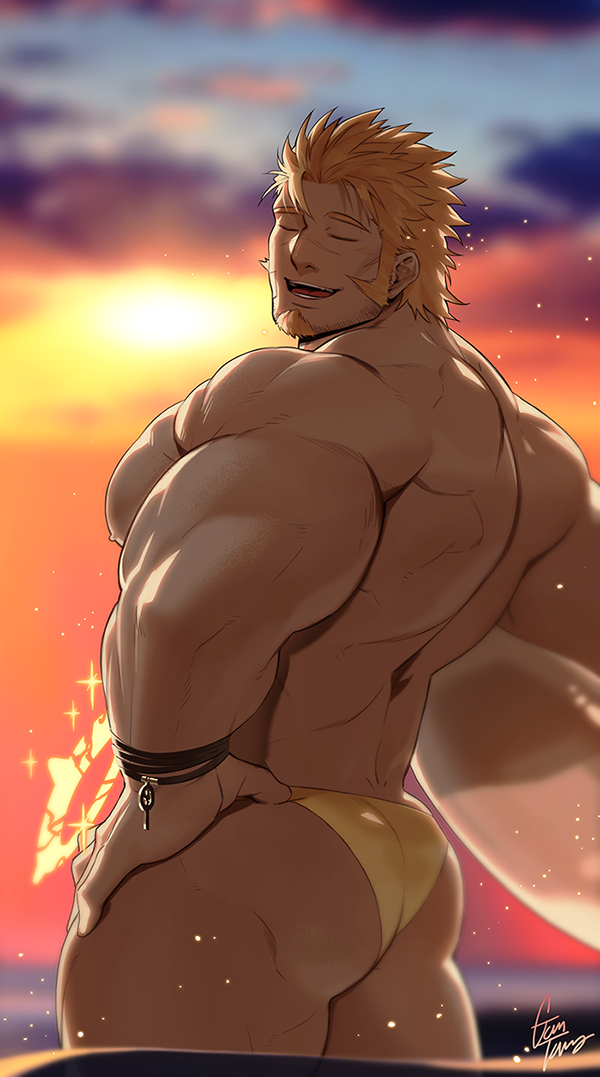 1boy artist_name ass bara biceps blonde_hair bracelet closed_eyes cloud cloudy_sky commentary facial_hair feet_out_of_frame gomtang halo jacob_(housamo) jewelry large_pectorals lifebuoy light light_rays looking_back male_focus male_swimwear manly mature_male muscular muscular_arms muscular_legs muscular_male nipples open_mouth outdoors pectorals short_hair signature sky solo spiked_hair stubble sun sunlight sunset swim_briefs swim_ring swimsuit symbol-only_commentary teeth thick_eyebrows thighs tokyo_houkago_summoners tongue water water_drop yellow_male_swimwear yellow_swim_briefs