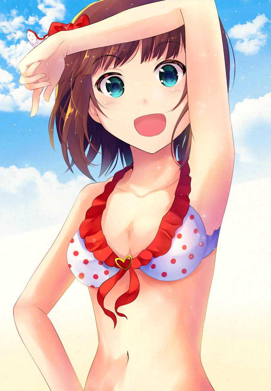 1girl :d amami_haruka arm_up armpits bad_id bad_pixiv_id bikini blue_eyes bow breasts brown_hair cleavage cloud collarbone day female_focus frilled_bikini frills hair_bow highres idolmaster idolmaster_(classic) looking_at_viewer medium_breasts navel open_mouth outdoors polka_dot polka_dot_bikini polka_dot_bikini_top red_bow short_hair smile solo sparkle swimsuit upper_body white_bikini z.nov