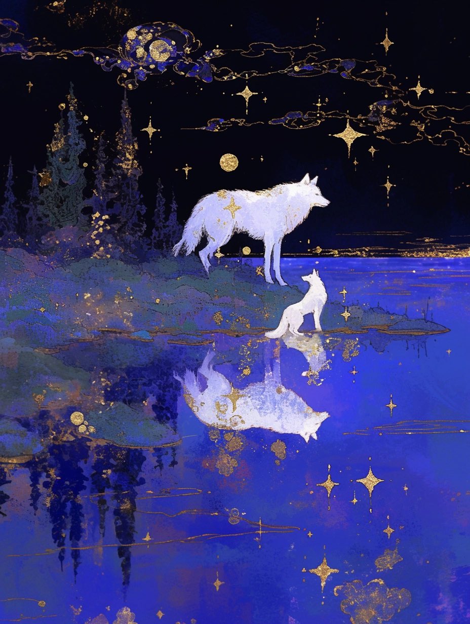 commentary english_commentary fir_tree highres momowaaai moon night no_humans original reflection reflective_water star_(symbol) tree white_wolf wolf