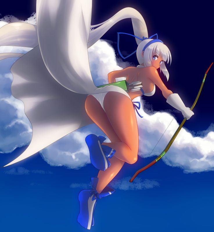 1girl arrow_(projectile) ass blue_eyes bow_(weapon) breasts dark-skinned_female dark_skin from_behind full_body gloves high_ponytail kasabou long_hair looking_at_viewer looking_back majikina_mina medium_breasts panties partially_fingerless_gloves partly_fingerless_gloves ponytail quiver samurai_spirits sarong side-tie_skirt sky snk solo underwear very_long_hair weapon white_hair white_panties white_sarong yugake