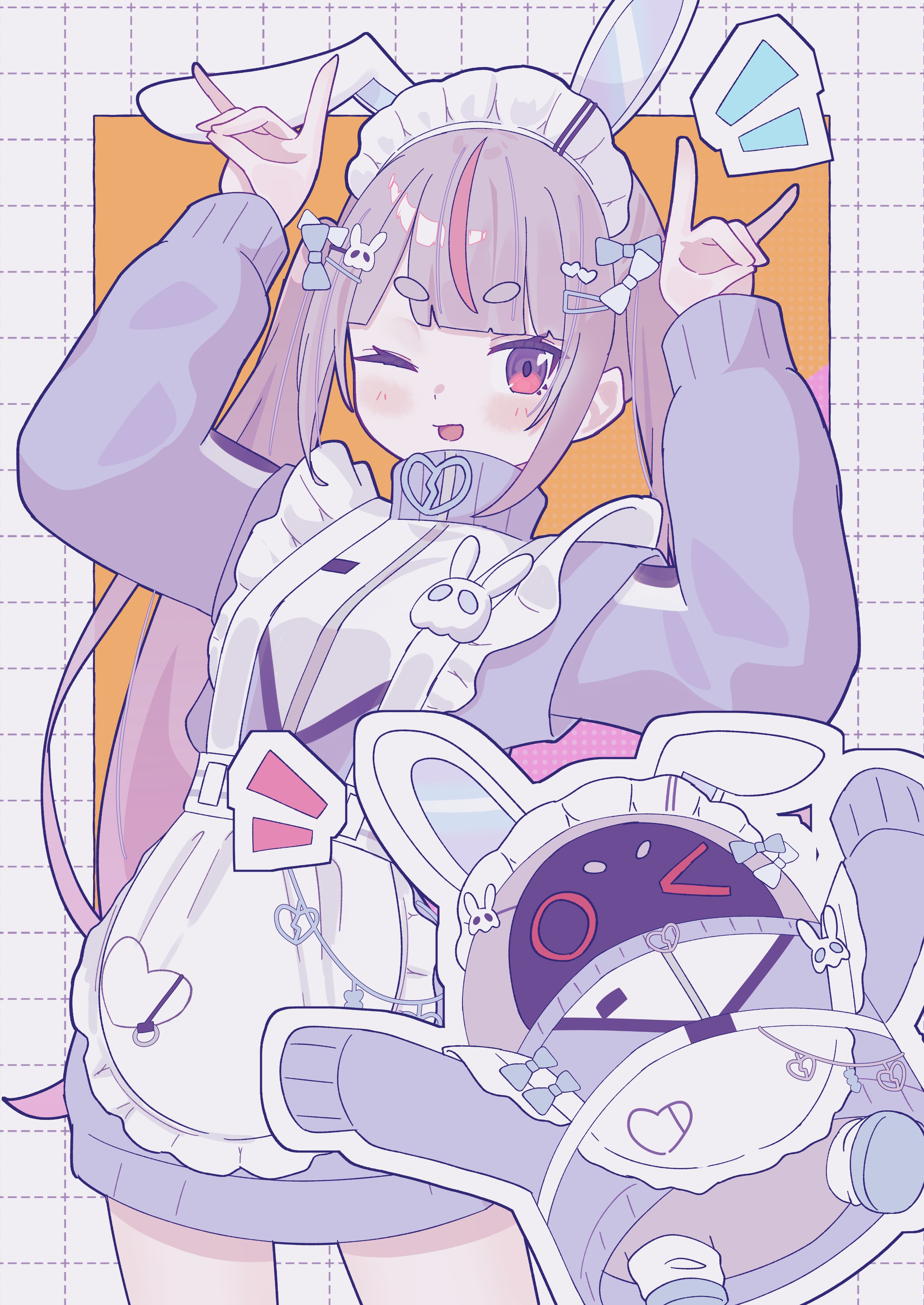 1girl absurdres apron arms_up bangboo_(zenless_zone_zero) blush bow cattleya_regina_games commentary_request cosplay cowboy_shot crossover double_fox_shadow_puppet fox_shadow_puppet hair_bow hair_ornament hairclip highres jersey_maid long_hair looking_at_viewer maid maid_apron maid_headdress multicolored_hair multiple_hair_bows one_eye_closed purple_hair red_eyes red_hair shimoyake_(lethal_penguin) solo streaked_hair tosaki_mimi tosaki_mimi_(4th_costume) tosaki_mimi_(cosplay) two-tone_hair unconventional_maid very_long_hair virtual_youtuber vspo! zenless_zone_zero