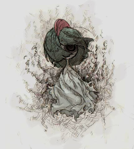 black_eyes bowl_cut colored_skin floating gen_3_pokemon ghost grey_background hair_over_mouth hair_over_one_eye horns looking_at_viewer lowres nintendo pokemon pokemon_(creature) ralts toi_(number8) white_skin