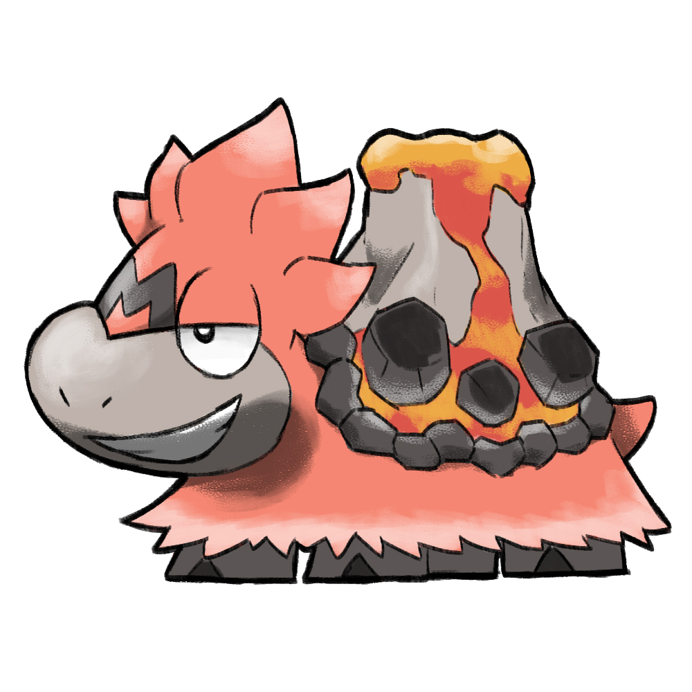 animal_focus blacknirrow camerupt chibi full_body gen_3_pokemon grin lava mega_camerupt mega_pokemon nintendo no_humans pokemon pokemon_(creature) pokemon_focus simple_background smile solo white_background