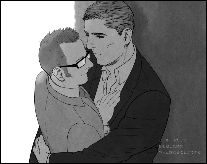 2boys against_wall beard_stubble closed_mouth couple dark-skinned_male dark_skin facial_hair formal_clothes from_above glasses greyscale hair_slicked_back harold_finch_(person_of_interest) hug john_reese_(person_of_interest) looking_at_another male_focus mature_male monochrome multiple_boys necktie person_of_interest rectangular_eyewear short_hair sideburns sparse_stubble stubble suit tabomi translated upper_body yaoi