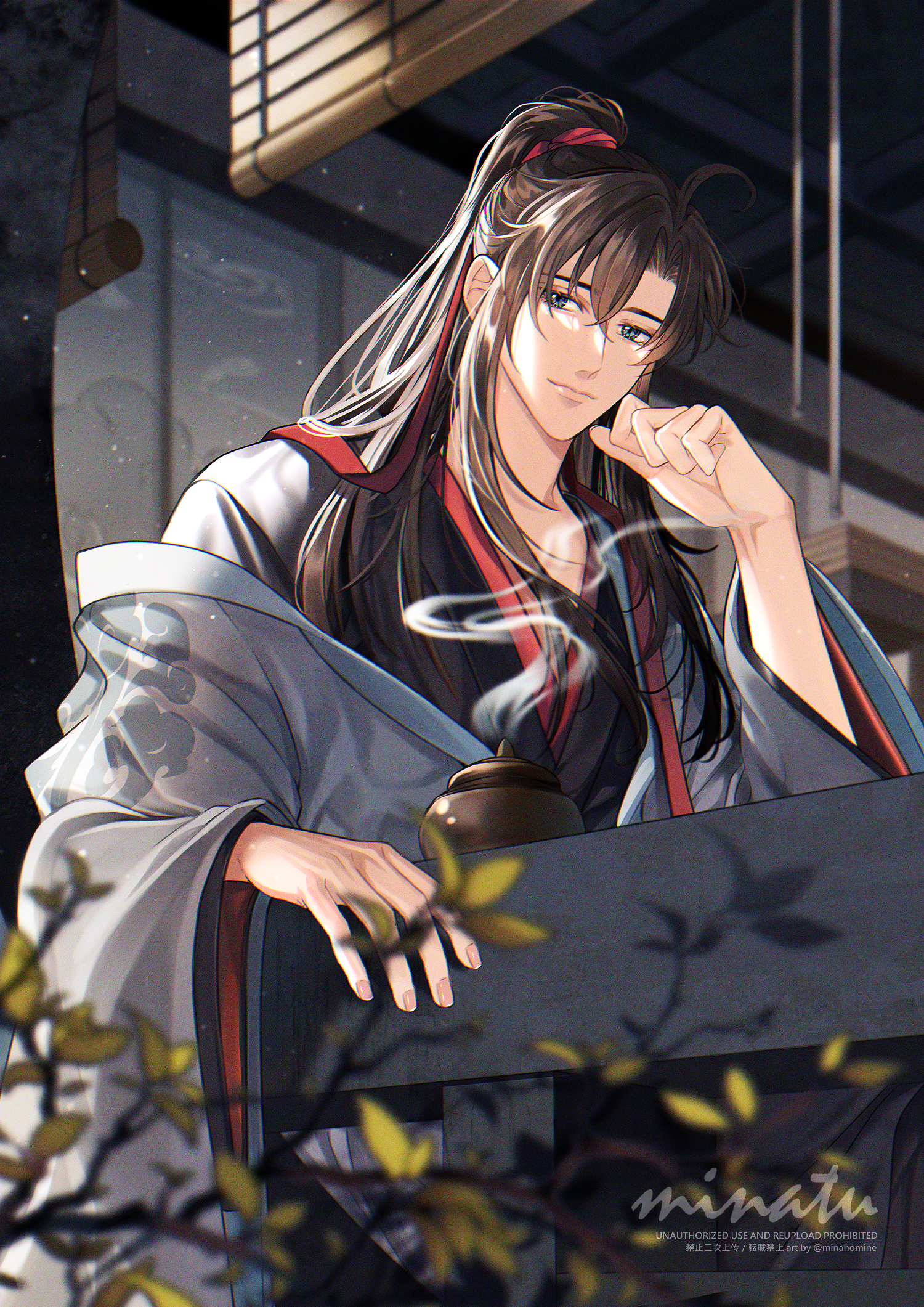 1boy against_railing ahoge alternate_costume artist_name bishounen black_hair black_hanfu blurry blurry_foreground branch brown_hair chinese_clothes chromatic_aberration closed_mouth coat coat_partially_removed commentary depth_of_field english_commentary folding_screen grey_eyes hair_ribbon hand_up hanfu head_rest high_ponytail highres implied_yaoi incense_burner leaf long_hair long_sleeves looking_at_viewer male_focus minataka94 modao_zushi off_shoulder open_clothes open_coat plant ponytail railing red_ribbon ribbon robe sidelocks sitting smile smoke solo upper_body watermark wei_wuxian white_coat wide_sleeves window_blinds