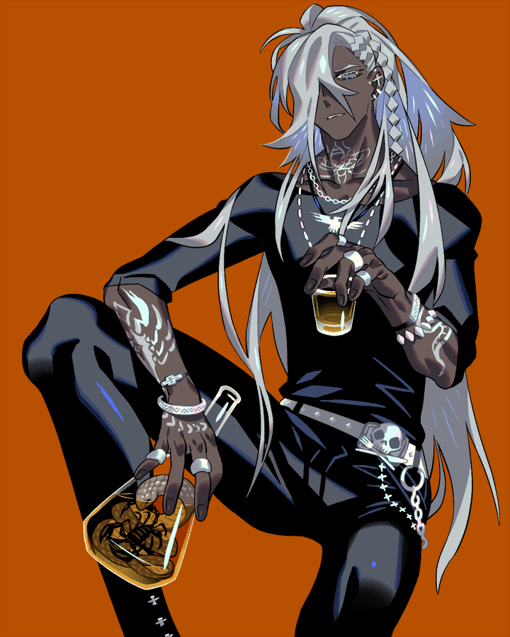 1boy animal arm_tattoo black_shirt borrowed_character brown_background colored_eyelashes commentary cup dark-skinned_male dark_skin edarow english_commentary erlenmeyer_flask flask grey_eyes grey_hair hair_over_one_eye holding holding_cup holding_flask long_hair looking_at_viewer male_focus original scorpion scorpion_tattoo shirt simple_background sitting snake snake_tattoo solo tattoo very_dark_skin very_long_hair wet_specimen