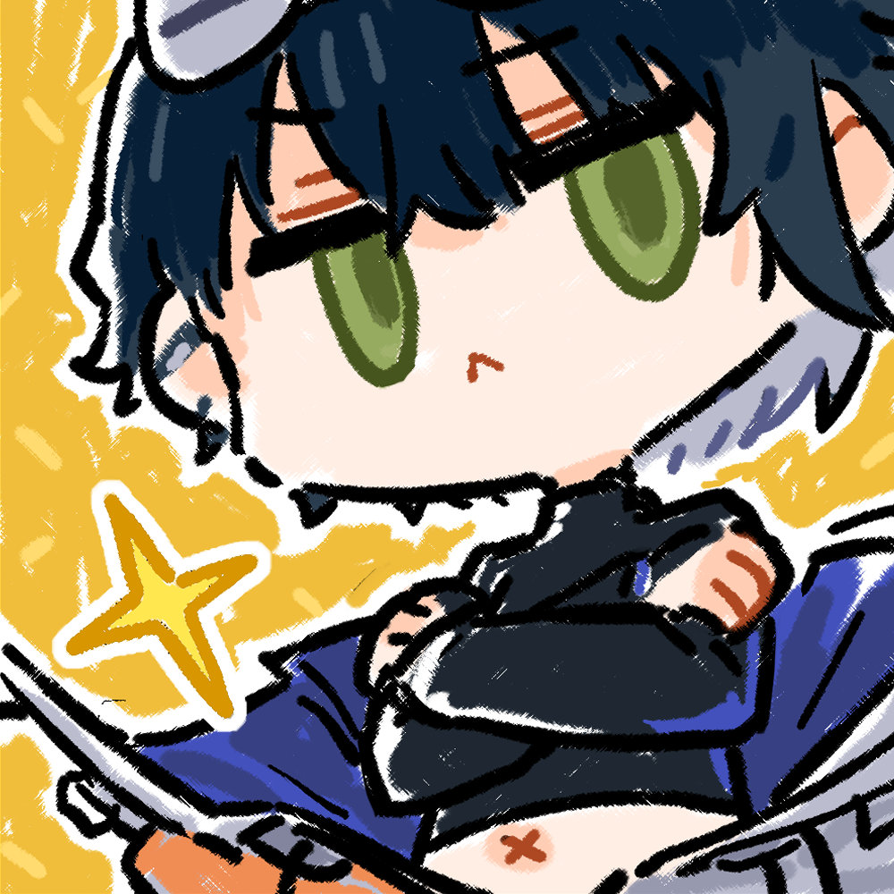 1boy :&lt; black_hair chibi chibi_only chinese_commentary crossed_arms cui_pi_zha_xia_qiu girls&#039;_frontline girls&#039;_frontline_neural_cloud goggles goggles_on_head green_eyes navel official_art second-party_source solo sparkle sueyoi_(neural_cloud)