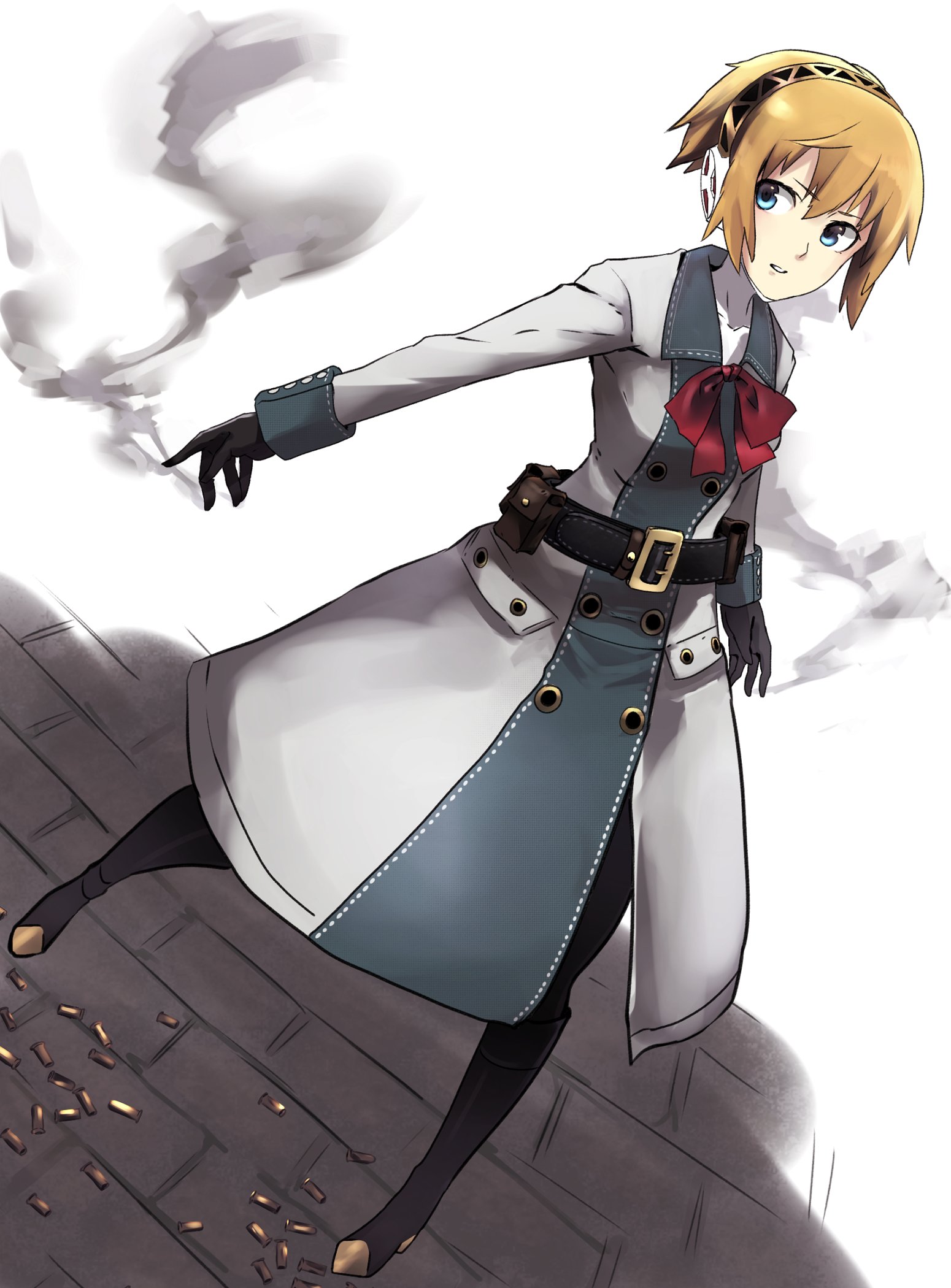 1girl aigis_(persona) android belt blonde_hair blue_eyes cosplay dress end_of_eternity full_body gloves hairband highres pantyhose persona persona_3 rdc7229 reanbell short_hair skirt solo