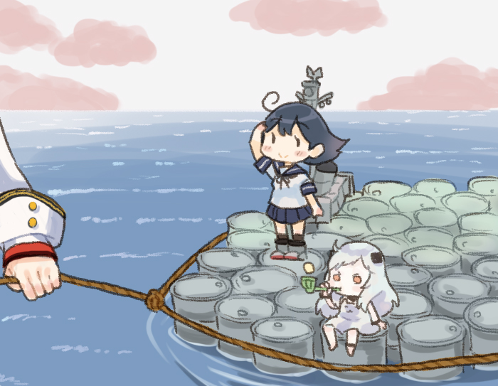 3girls abyssal_ship ahoge black_hair black_sailor_collar black_skirt cloud colored_skin commentary_request dress drum_(container) horizon kantai_collection long_hair machinery multiple_girls northern_little_sister ocean pleated_skirt saiguchi_otoufu sailor_collar salute school_uniform serafuku sitting skirt smokestack sunset ushio_(kancolle) water white_dress white_hair white_skin yamato_(kancolle)