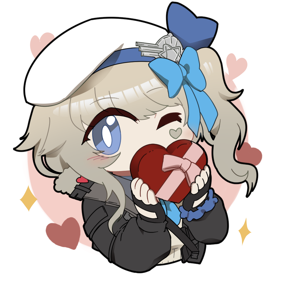 1girl beret blonde_hair blue_eyes blue_ribbon blush box chibi chibi_only chinese_commentary cropped_torso facial_mark fur-trimmed_jacket fur_trim girls&#039;_frontline girls&#039;_frontline_2:_exilium hair_ribbon happy_valentine hat heart heart-shaped_box heart_facial_mark jacket looking_at_viewer madcore official_art one_eye_closed ribbon second-party_source side_ponytail solo sparkle vepley_(girls&#039;_frontline_2)