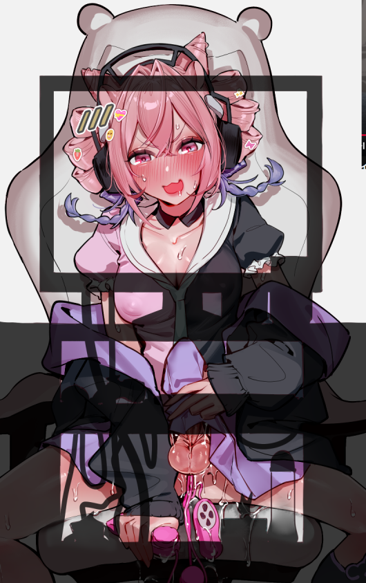 1futa arknights black_jacket blush breasts bulge cone_hair_bun erection erection_under_clothes futanari futanari_masturbation hair_bun headphones jacket masturbation medium_breasts mirin_chikuwa multicolored_hair on_chair open_mouth penis penis_peek pink_eyes pink_hair puffy_short_sleeves puffy_sleeves purple_hair sex_toy short_sleeves sitting solo spread_legs testicles two-tone_hair u-official_(arknights) vibrator