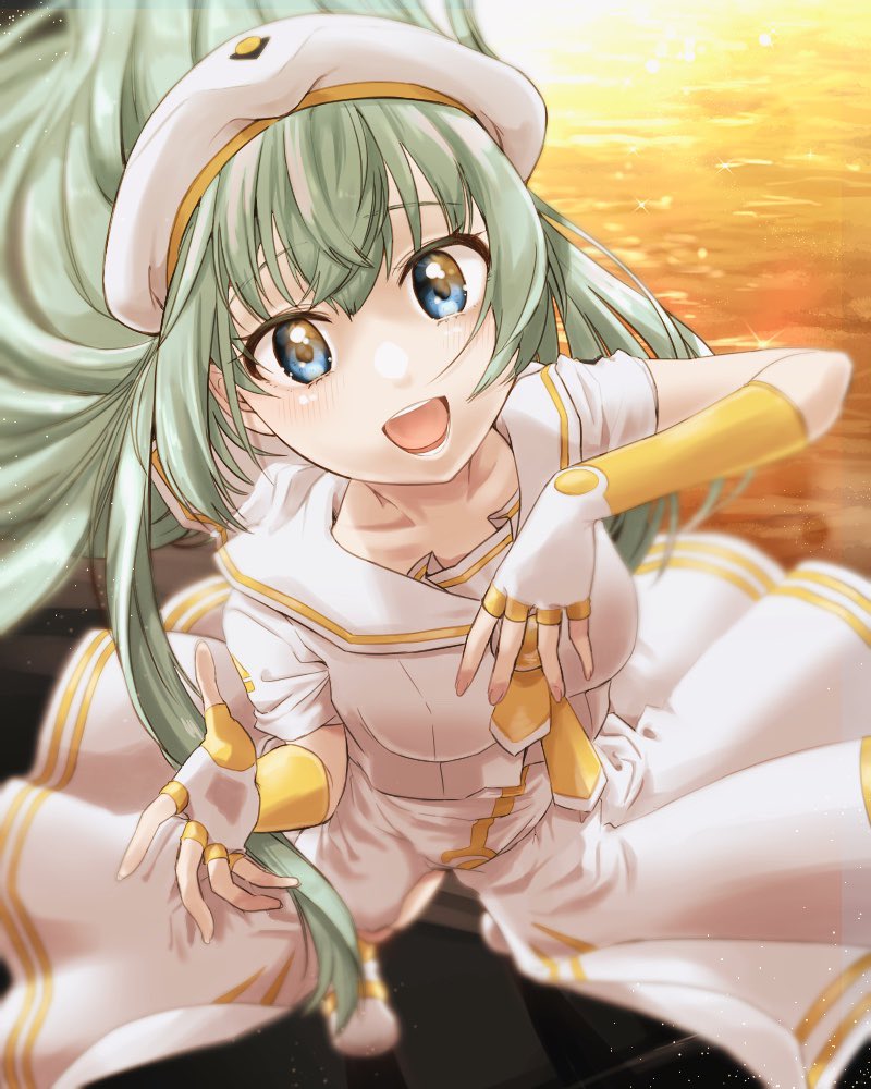 1girl alice_carroll aogirism aria_(manga) beret blue_eyes blurry blush breasts collarbone commentary_request depth_of_field dress fingerless_gloves from_above full_body gloves gold_trim green_hair hands_up hat long_hair looking_at_viewer medium_breasts necktie open_mouth orange_planet_uniform reflection reflective_water sailor_collar short_sleeves sidelocks solo sparkle standing sunset teeth water white_dress white_hat yellow_necktie