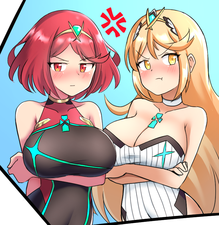 blonde_hair breasts jarckius large_breasts mythra_(radiant_beach)_(xenoblade) mythra_(xenoblade) pyra_(pro_swimmer)_(xenoblade) pyra_(xenoblade) red_eyes short_hair xenoblade_chronicles_(series) xenoblade_chronicles_2 yellow_eyes
