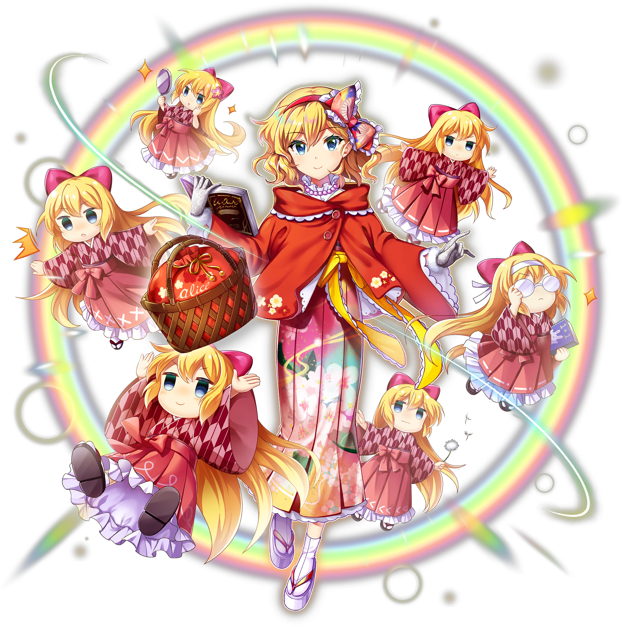 6+girls alice_margatroid alice_margatroid_(puppeteer_at_the_hieda_residence) alternate_costume basket blonde_hair blue_eyes book bow capelet checkered_clothes checkered_kimono closed_mouth doll floral_print flower full_body game_cg glasses gloves grey_gloves hair_bow hair_flower hair_ornament hairband hakama hakama_skirt highres holding holding_basket holding_book japanese_clothes kimono long_hair long_sleeves looking_at_viewer multiple_girls official_art open_mouth rainbow red_bow red_capelet red_hairband red_kimono rotte_(1109) sandals shanghai_doll short_hair skirt smile third-party_source touhou touhou_lostword transparent_background white_hairband white_sandals wide_sleeves