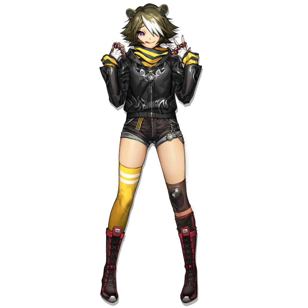 1girl :p animal_ears arknights artist_request bear_ears bear_girl beehunter_(arknights) boots brass_knuckles breasts brown_hair chain commentary_request eyebrows_hidden_by_hair full_body hair_over_one_eye hand_up hand_wraps hood hoodie long_sleeves looking_at_viewer medium_breasts multicolored_hair nail_polish non-web_source official_art purple_eyes purple_nails short_hair short_shorts shorts solo source_request standing thighhighs tongue tongue_out transparent_background two-tone_hair weapon white_hair yellow_thighhighs