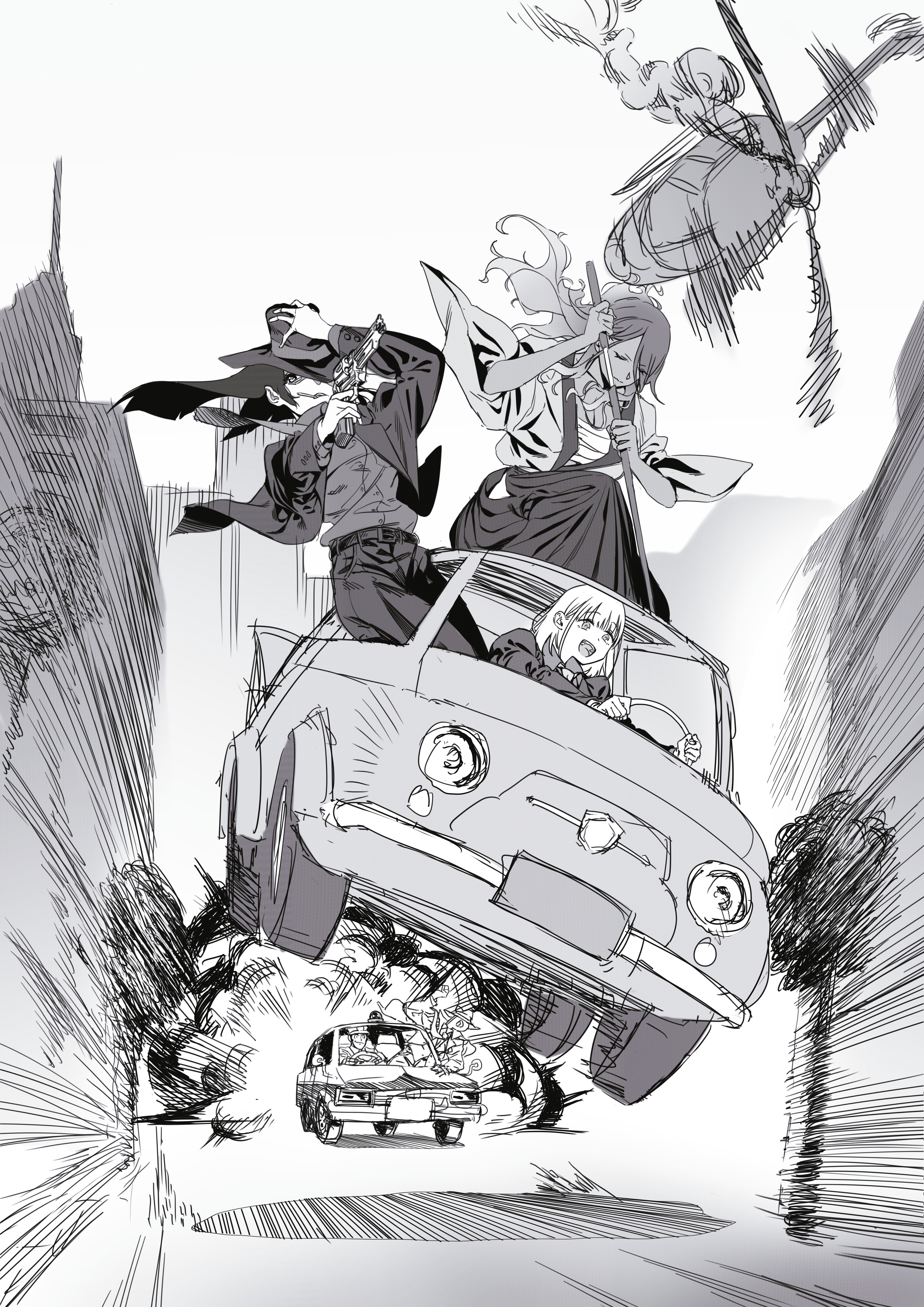 3girls absurdres aircraft arsene_lupin_iii arsene_lupin_iii_(cosplay) car cigarette cosplay driving explosion fiat_500 formal_clothes gradient_hair greyscale gun hakama hakama_skirt handgun helicopter highres idolmaster idolmaster_shiny_colors ishikawa_goemon_xiii ishikawa_goemon_xiii_(cosplay) izumi_mei japanese_clothes jigen_daisuke jigen_daisuke_(cosplay) katana long_hair lupin_iii mayuzumi_fuyuko monochrome motor_vehicle multicolored_hair multiple_girls n_ever2_give_up naga-agan on_car outdoors parody police police_car revolver samurai sarashi serizawa_asahi skirt smoke straylight_(idolmaster) suit sword tan trilby vehicle_chase vehicle_focus weapon
