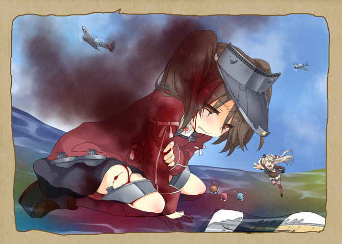 10s 5girls aircraft airplane amatsukaze_(kancolle) anti-aircraft anti-aircraft_gun blood blouse brown_eyes brown_hair damaged douglas_sbd dress fairy_(kancolle) garter_straps hat historical_event injury japanese_clothes kantai_collection long_hair magatama malino_(dream_maker) multiple_girls ocean personification red_legwear ryuujou_(kancolle) sbd_dauntless scroll shirt silver_hair skirt smoke striped_clothes striped_legwear striped_thighhighs thighhighs twintails two_side_up visor_cap