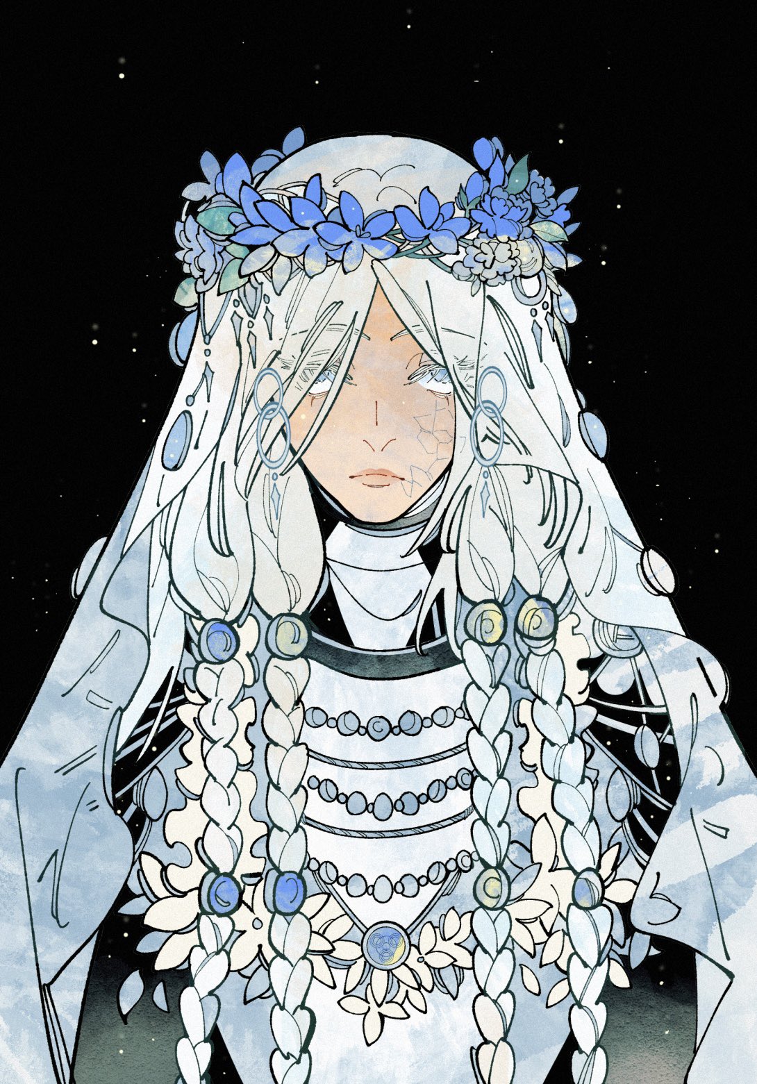 1girl black_background blue_eyes braid closed_mouth colored_eyelashes cracked_skin drenched-in-sunlight dress earrings elden_ring elden_ring_nightreign flower flower_necklace head_wreath highres hoop_earrings jewelry long_hair low_twin_braids necklace revenant_(elden_ring) solo twin_braids upper_body veil white_dress white_eyelashes white_hair white_veil