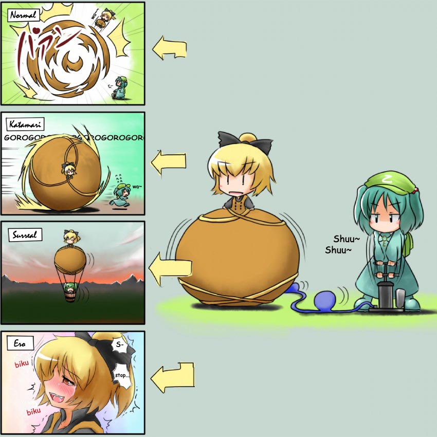 &gt;_&lt; 2girls 4koma [] air_pump arrow_(symbol) balloon bicycle_pump blonde_hair blush blush_stickers bow bucket chibi closed_eyes comic dig_dug duplicate explosion female_focus floating green_hair hair_bow hard-translated hat hose in_bucket in_container inflation katamari_damacy kawashiro_nitori kisume kurodani_yamame mountain multiple_girls orgasm pump rolling third-party_edit touhou translated |_|