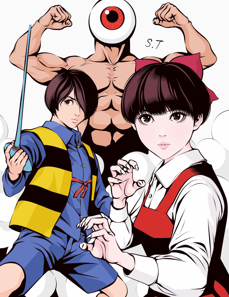 1girl 2boys abs blue_shirt blue_shorts blunt_bangs brown_eyes brown_hair character_request check_character closed_mouth collared_shirt commentary_request cowboy_shot dress enma-kun fighting_stance gegege_no_kitarou hair_over_one_eye holding kitarou limited_palette looking_to_the_side medama_oyaji multiple_boys muscular muscular_male nekomusume pink_lips red_dress red_eyes shirt shorts signature simple_background smoke spot_color takanashi_shin topless_male upper_body white_background white_shirt yellow_shirt