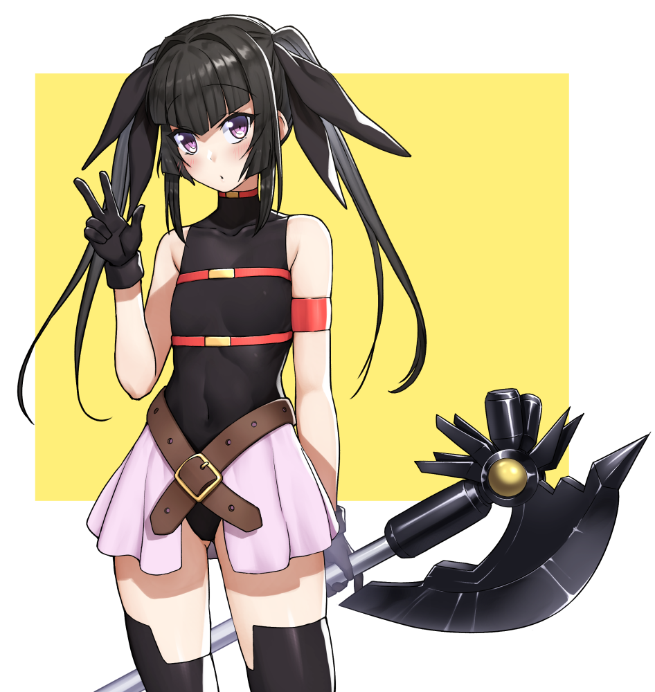1girl bardiche_(axe_form)_(nanoha) bardiche_(nanoha) black_gloves black_hair black_leotard black_thighhighs blush border breasts cosplay covered_navel fate_testarossa fate_testarossa_(cosplay) fate_testarossa_(movie_1st_form) gloves hair_ornament hair_ribbon leotard lyrical_nanoha open_mouth pink_skirt purple_eyes ribbon senki_zesshou_symphogear simple_background skirt small_breasts solo thighhighs tsukamoto_kensuke tsukuyomi_shirabe twintails w white_border yellow_background